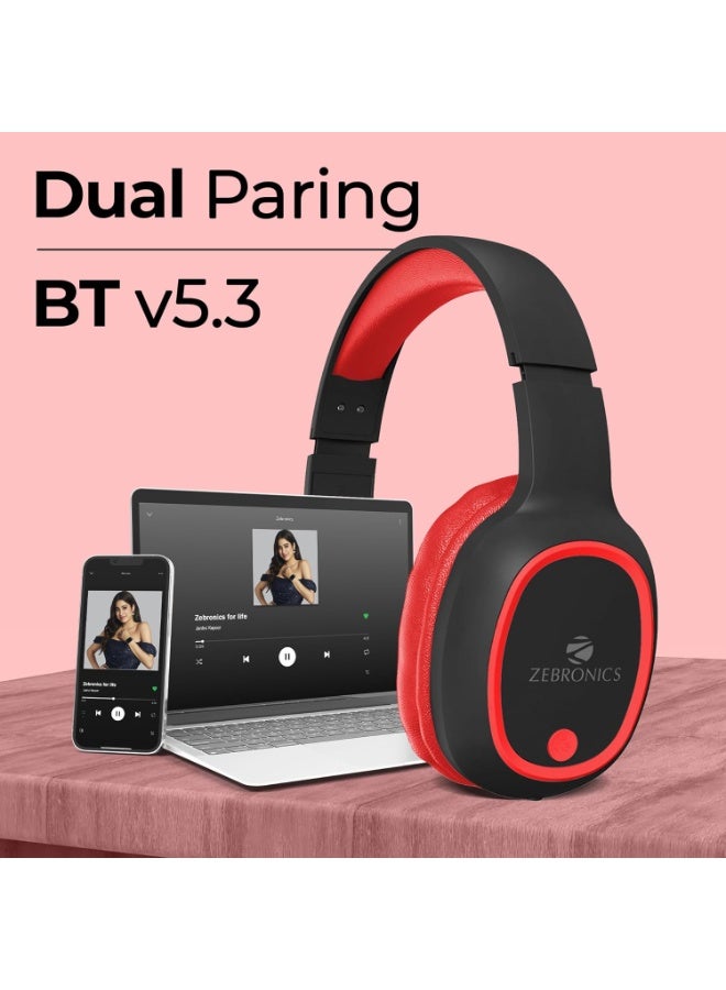 ZEBRONICS Thunder Bluetooth 5.3 Wireless Over Ear Headphones with 60H Backup, Gaming Mode, Dual Pairing, Enc, Aux, Micro Sd, Voice Assistant, Comfortable Earcups, Call Function (Red) - Image 3